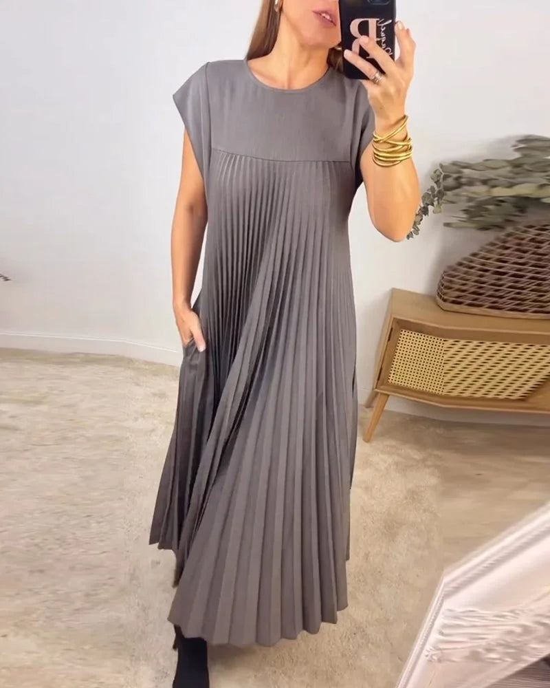 Women Pleated Simple Solid Color Dress